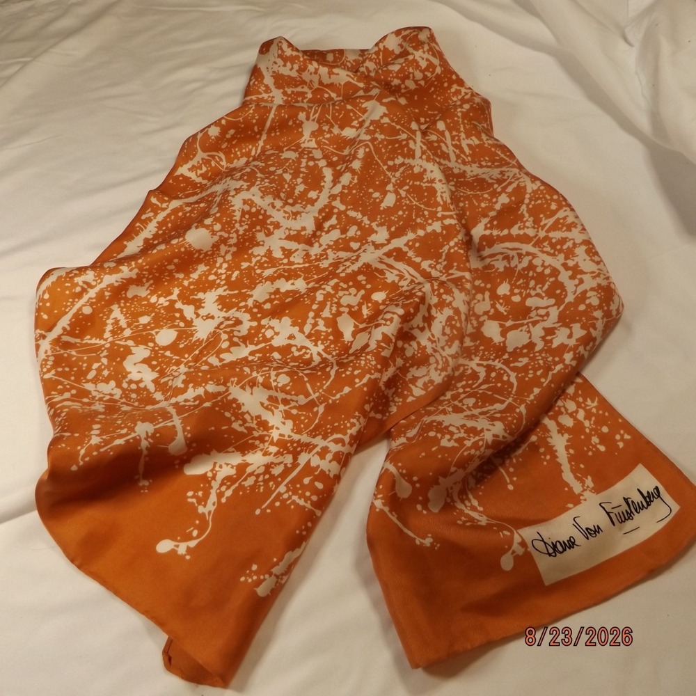 Vintage Diane Von Furstenburg Silk Scarf Orange Cream Paint Splatter Rectangle